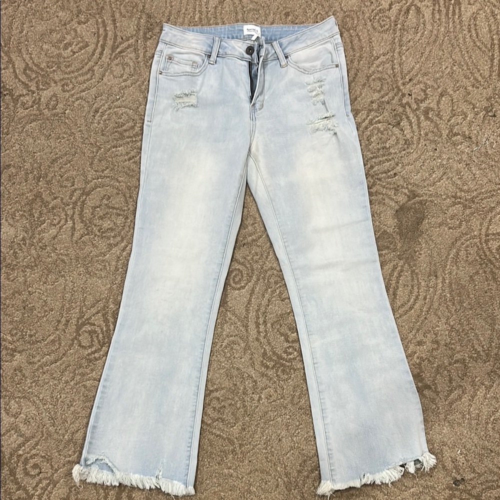 Blue Flare Wide Leg Jeans with Distressed Hem